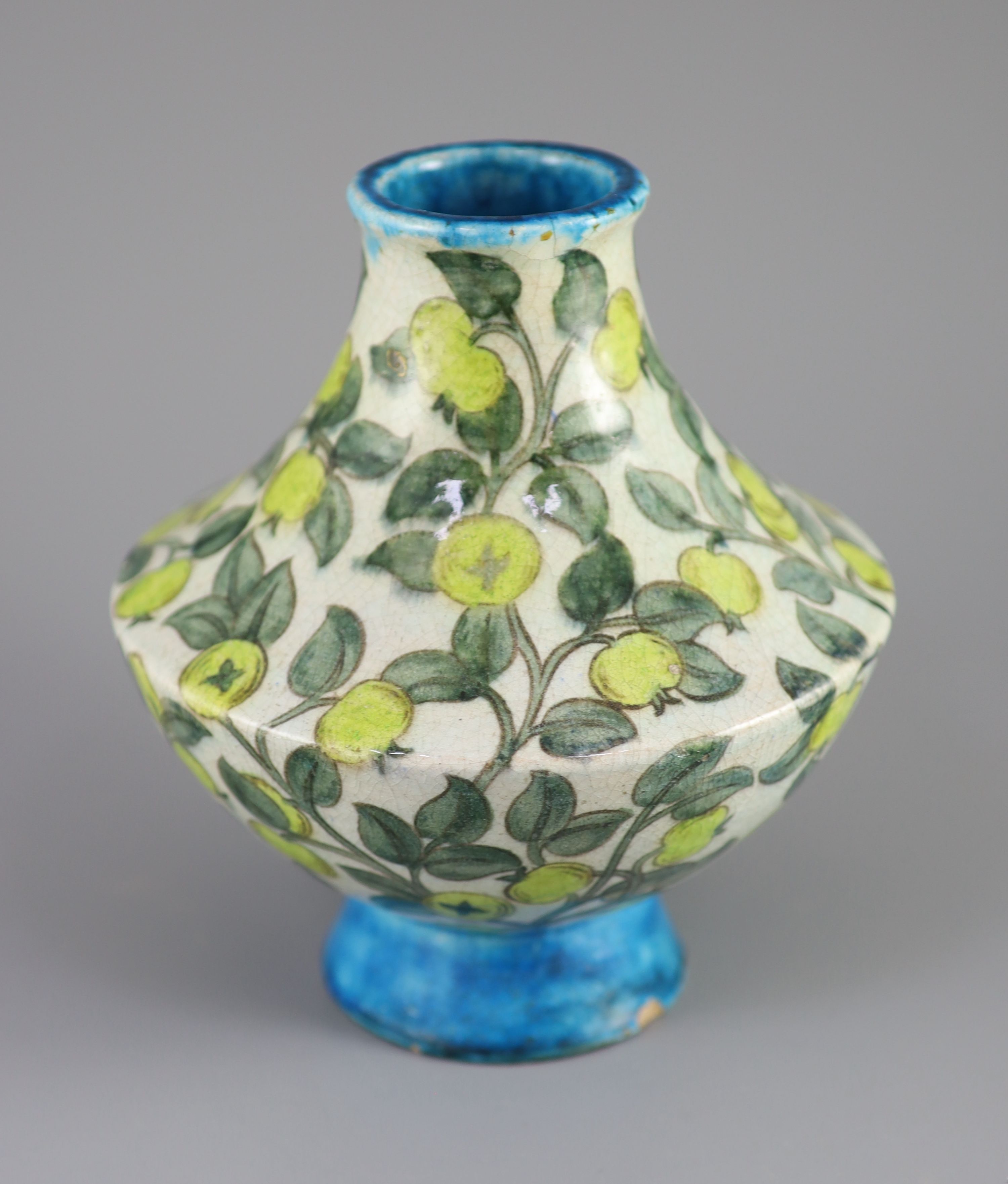 A William de Morgan tin glazed earthenware vase, early Fulham period, c.1890, 20cm high, small foot chips